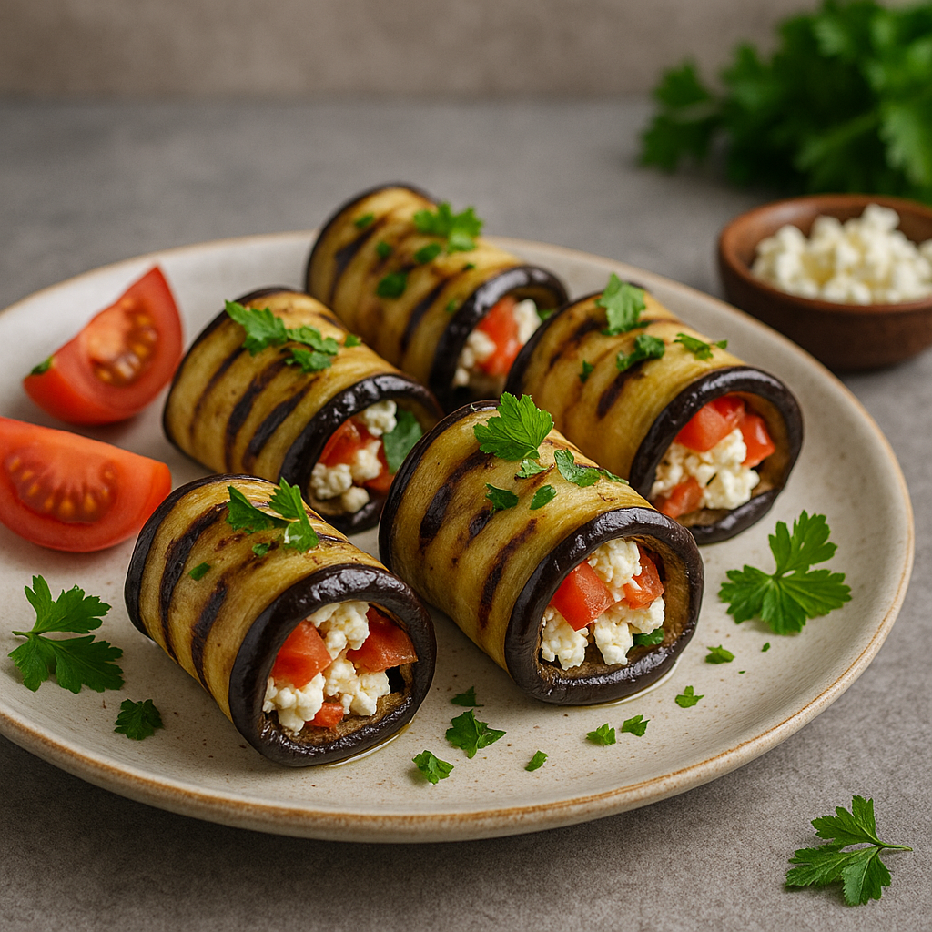 Gegrillte Auberginenröllchen mit Feta & Tomate – mediterran & leicht