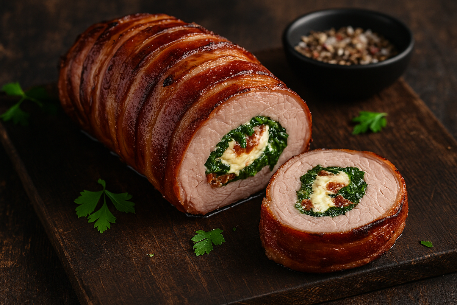 Gefülltes Schweinefilet mit Spinat & Frischkäse im Baconmantel