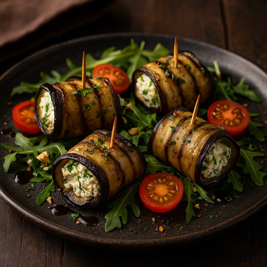 auberginenröllchen feta walnüsse – vegetarisches BBQ Rezept