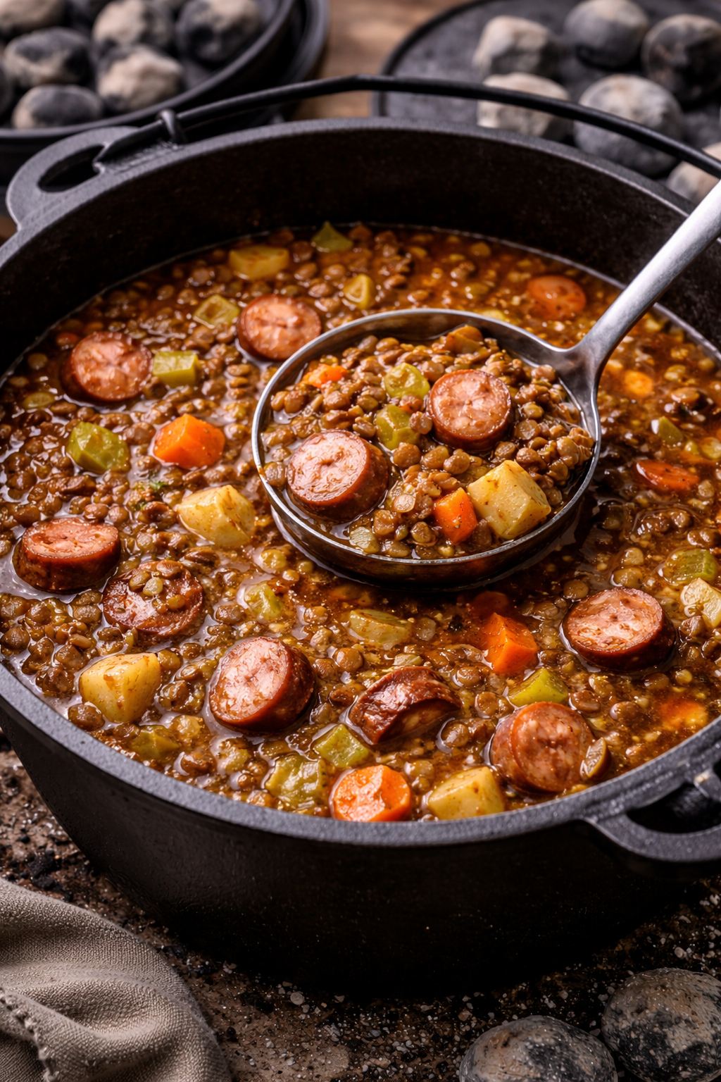 Dutch Oven Linseneintopf mit Würstchen im FT6 – deftig & wärmend