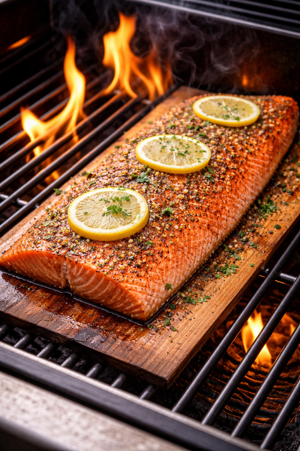 Flammlachs vom Gasgrill auf Zedernholz – saftig & aromatisch